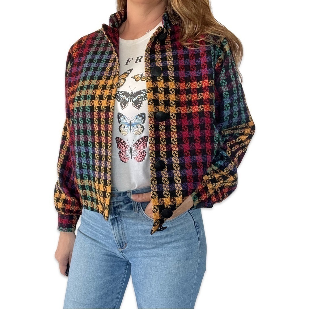 Vintage Doncaster Sport Knit Bomber Jacket Rainbow Plaid 80s 90s Statement Sz 6